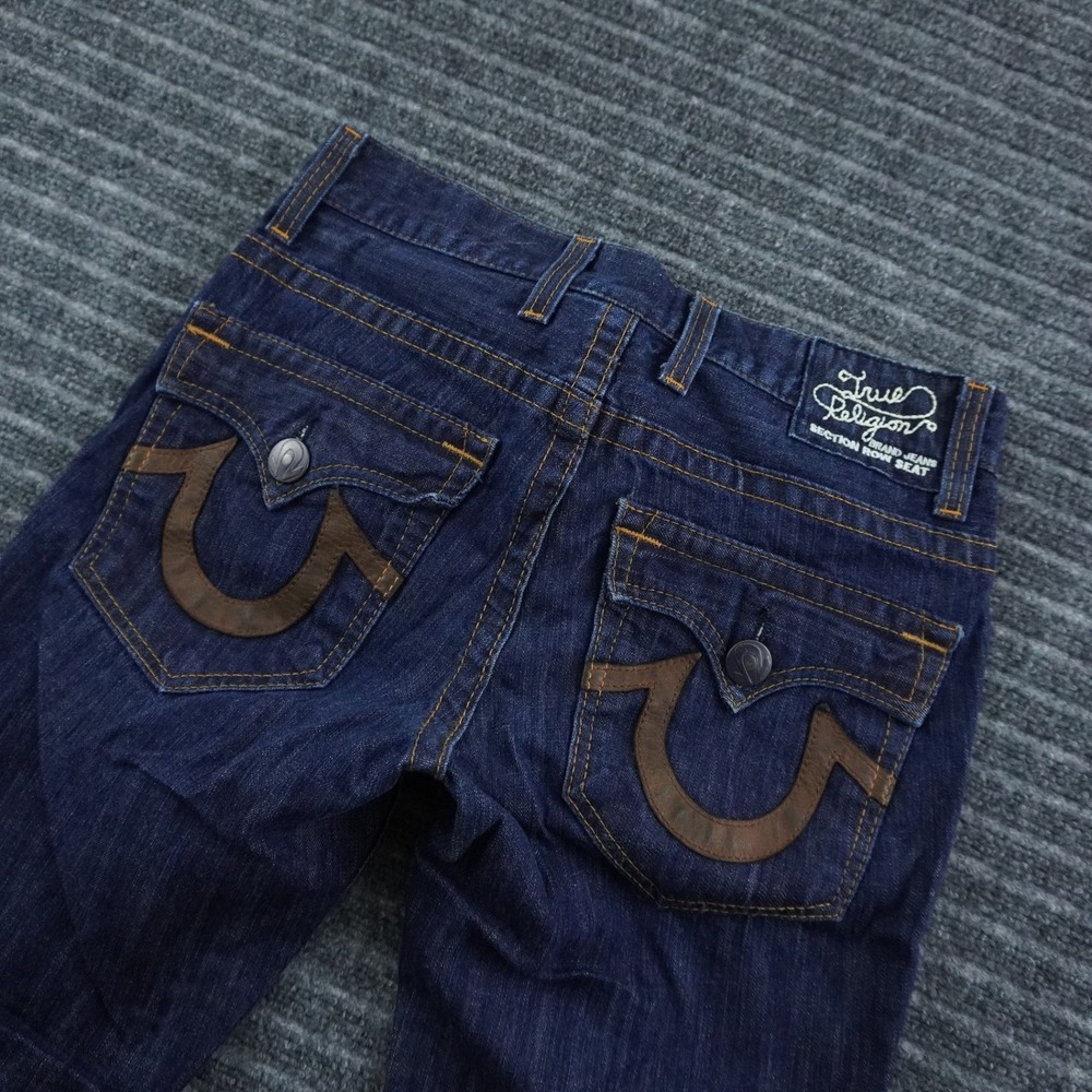 True Religion Straight Leg Jeans Mens 31 Dark Wash Blue Leather Horseshoe Logo